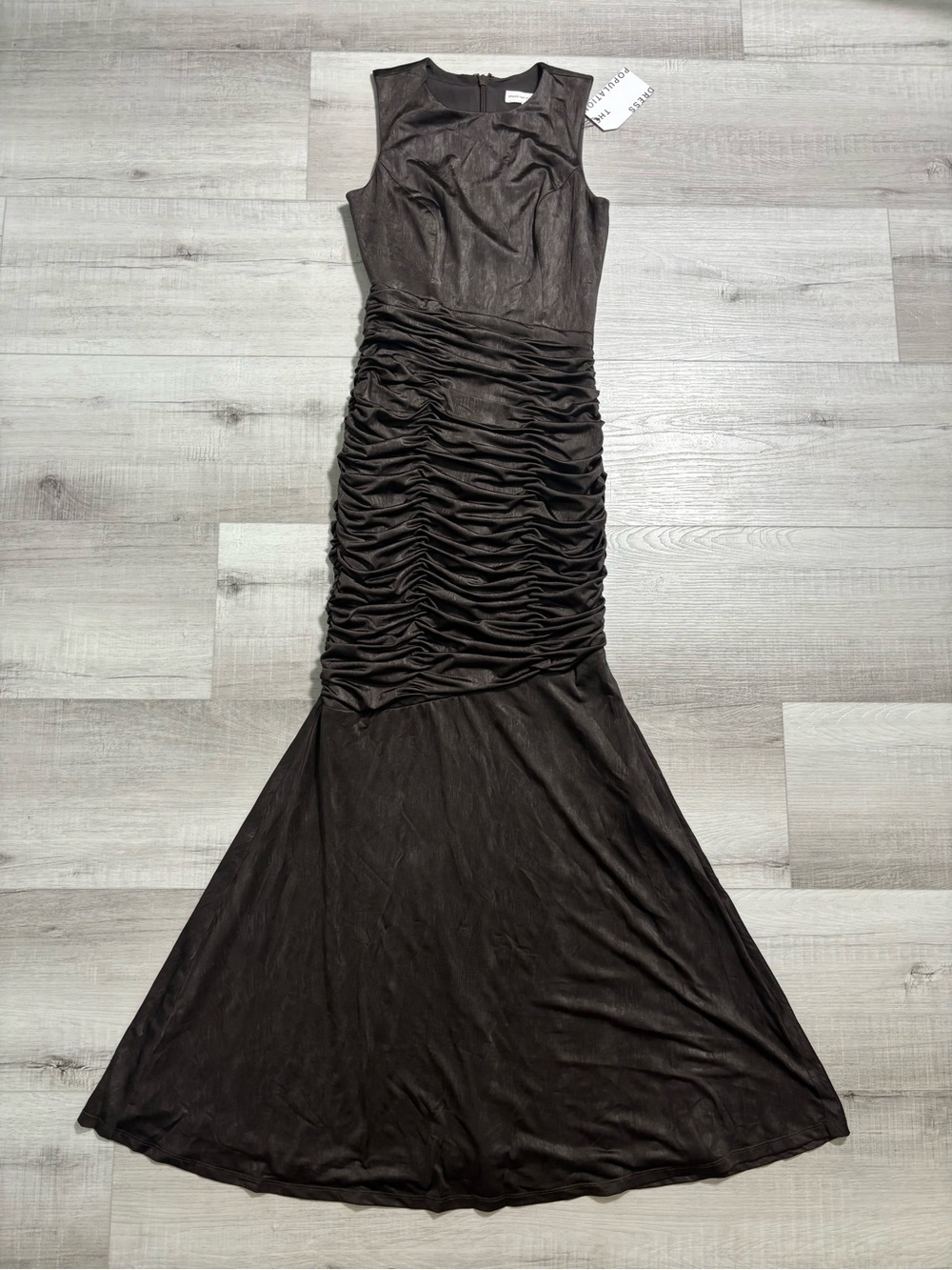 Dress the Population Chocolate Brown Ruched Sleeveless Maxi Dress NWT Sz Small
